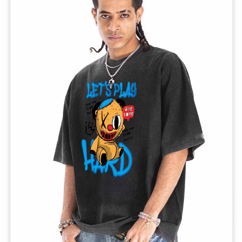 Vintage Washed Distressed T-Shirt, Men's Oversized Scary Bear Cartoon Graphic Tee, Streetwear Hip Hop Short Sleeve Top