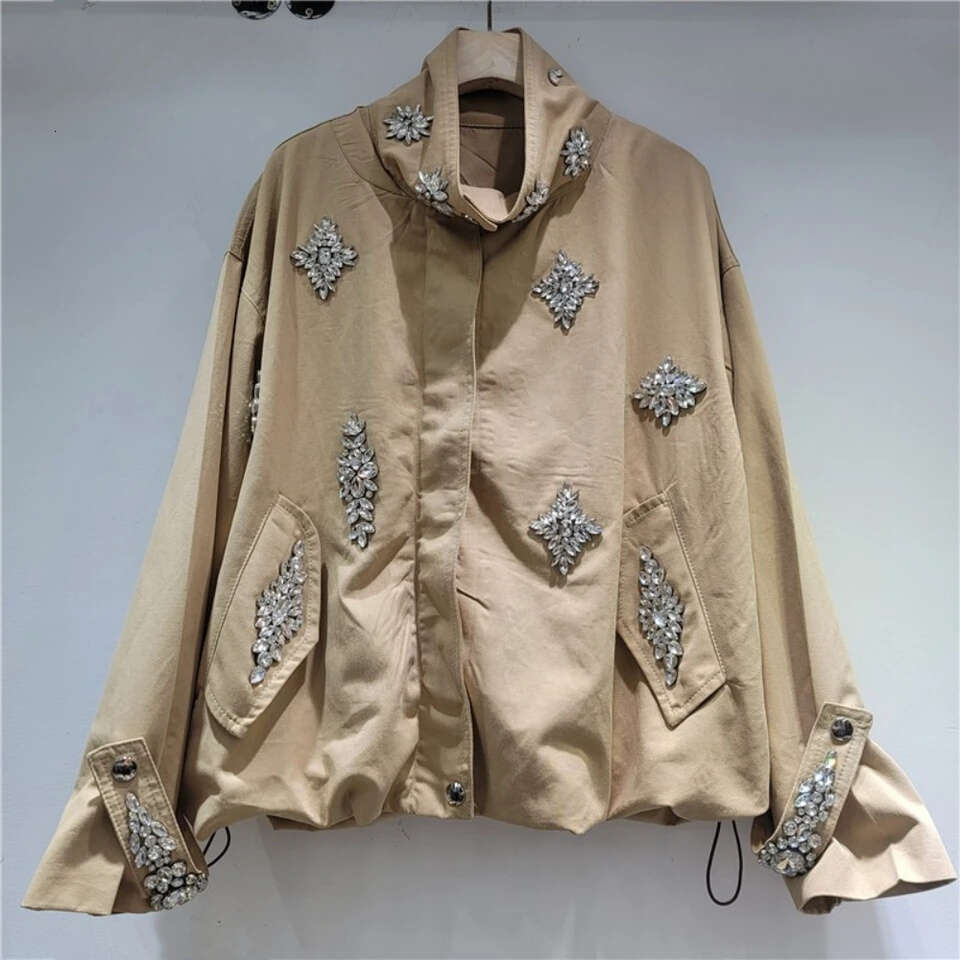 GALCAUR Khaki Spliced Diamonds Jacket Female Stand Collar Long Sleeve Loose Streetwear Casual Women's Jackets Autumn Fashion New Mdng260408