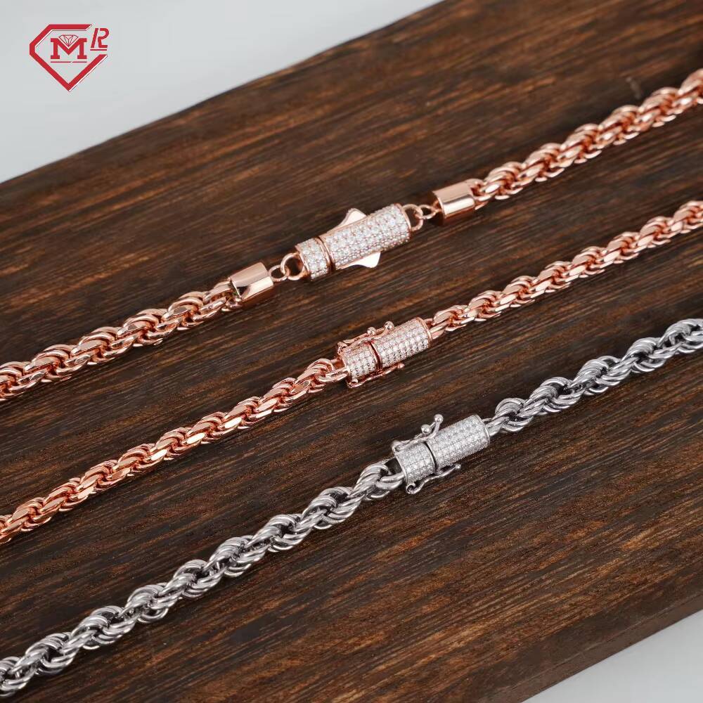 Wholesale Price 4mm 5mm Rose Gold Rope Chain Necklace 925 Silver Plated Custom Moissanite Clasp Rope Chain