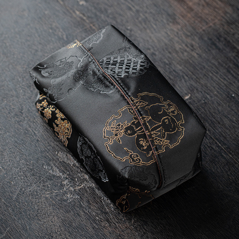 Tissue Box Chinese Style Light Luxury Black Leather Texture Gold Embossed Pattern Zen Tea Table Holder Living Room Household Tissue Cover