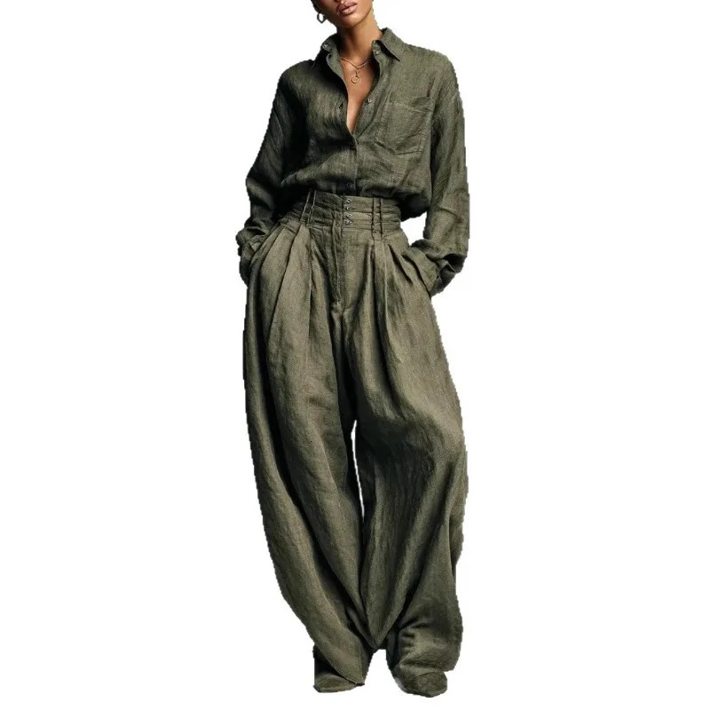 Vintage Women Two Piece Set Elegant Long Sleeve Shirt with Pocket Wide Leg Pants Autumn Army Green Loose Chic Outfits 260408