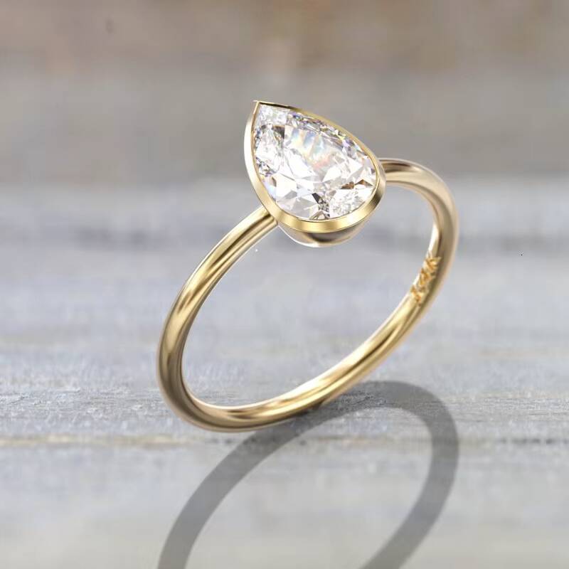 Custom Moissanite Ring DEF VVS Solitaire Pear Shape Bezel Setting Silver 10K 14K 18K Gold Moissanite Ring