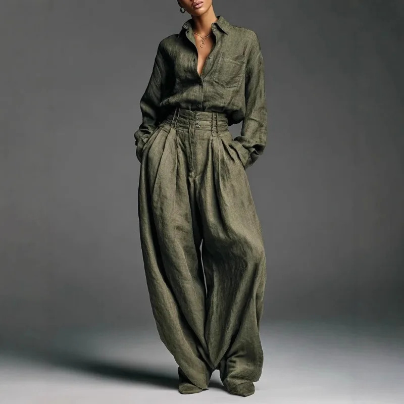 Vintage Women Two Piece Set Elegant Long Sleeve Shirt with Pocket Wide Leg Pants Autumn Army Green Loose Chic Outfits 260408