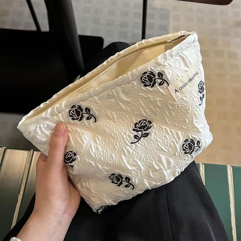 Makeup Bag Ins Niche Corduroy Color Block Striped Camellia Pattern Checkerboard Texture Designer Style Portable Travel Business Trip Skincare Storage 