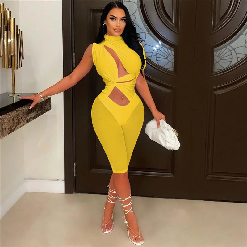 Sexy Mesh Patchwork See Through Skinny Playsuit Women One Shoulder Draped Hollow Out One Piece Rompers Party Club Jumpsuit Short 260407