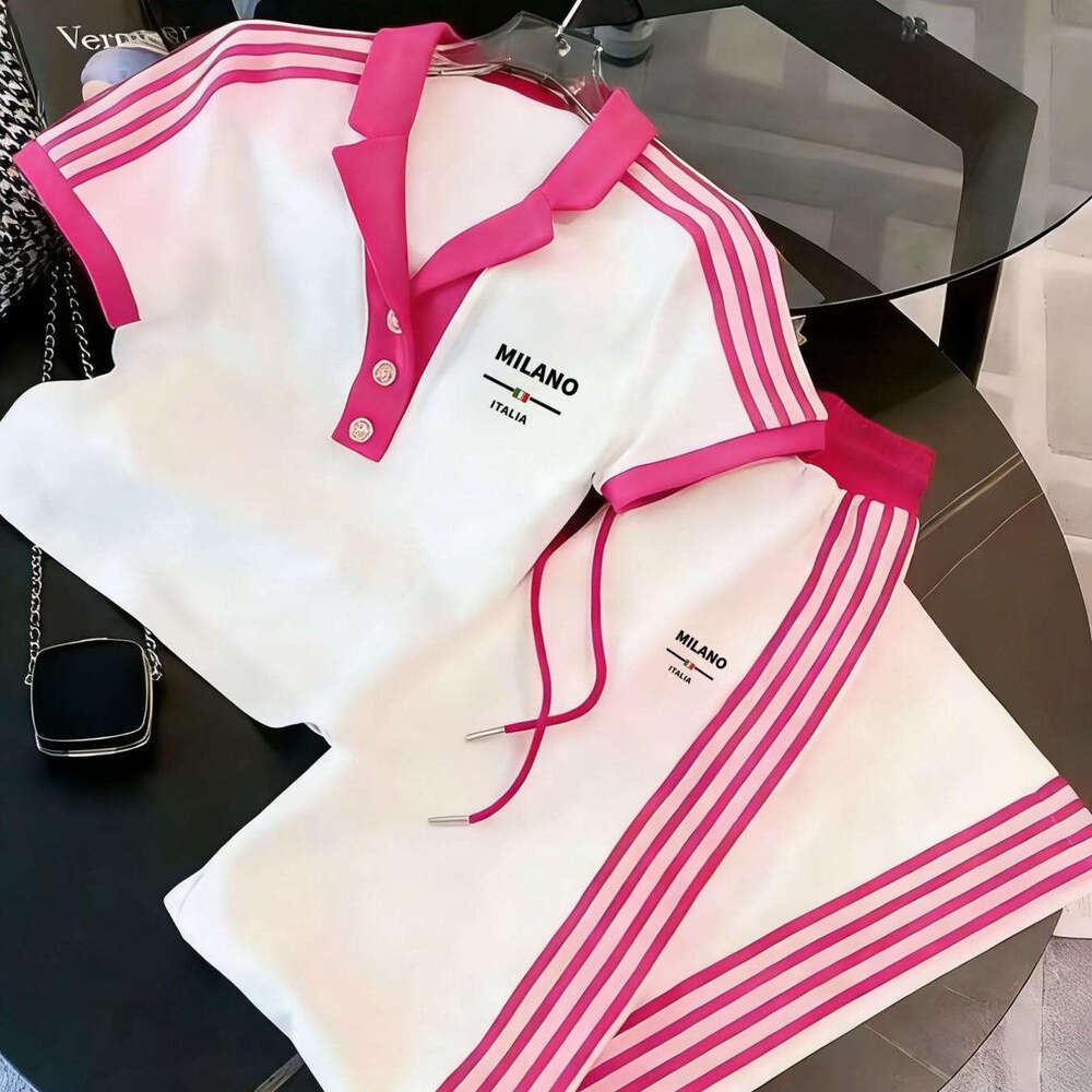 Cross Border New European And American Fashion Trend Casual Half Button POLO Shirt Short Sleeve Long Pants Set Sportswear Set Running Set Leisure Suit