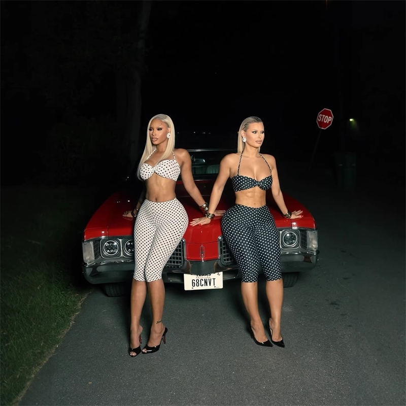 Y2K American Women Spotted Print Set Sexy Cropped Cami Top High Waist Butt Lift Capri 7 Length Pants Summer Matching Outfit
