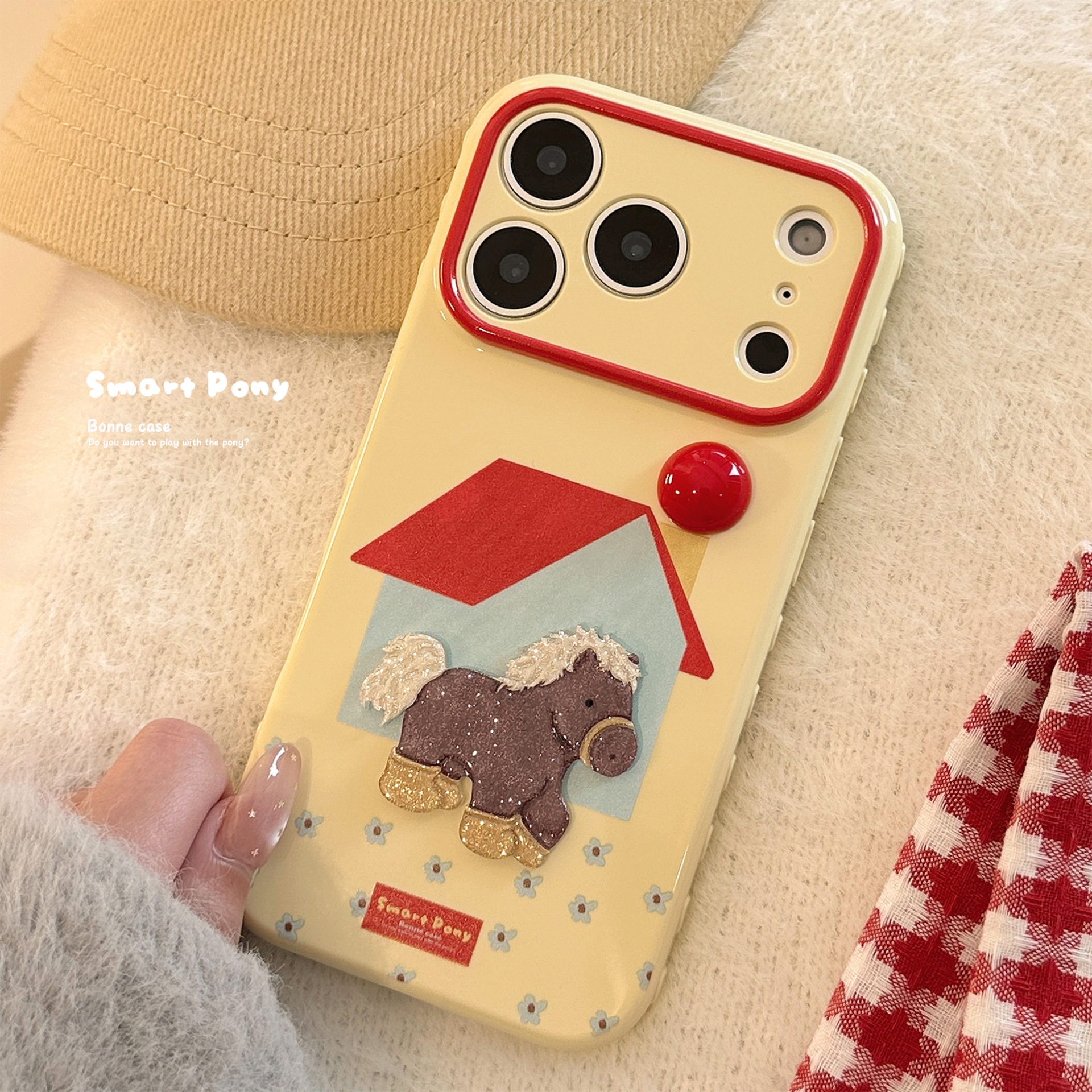 3D Red Sun Pony Phone Case for iPhone 17 Pro Max, Chinese Style Cartoon Cover for iPhone 16 15 13