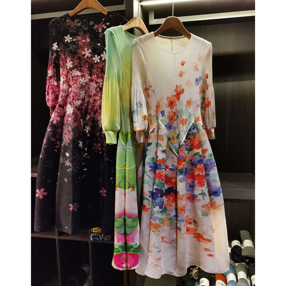 Spring New Oil Painting Print Pleated Dress For Women, Seaside Vacation, French Vintage Long Dress, Fairy Style