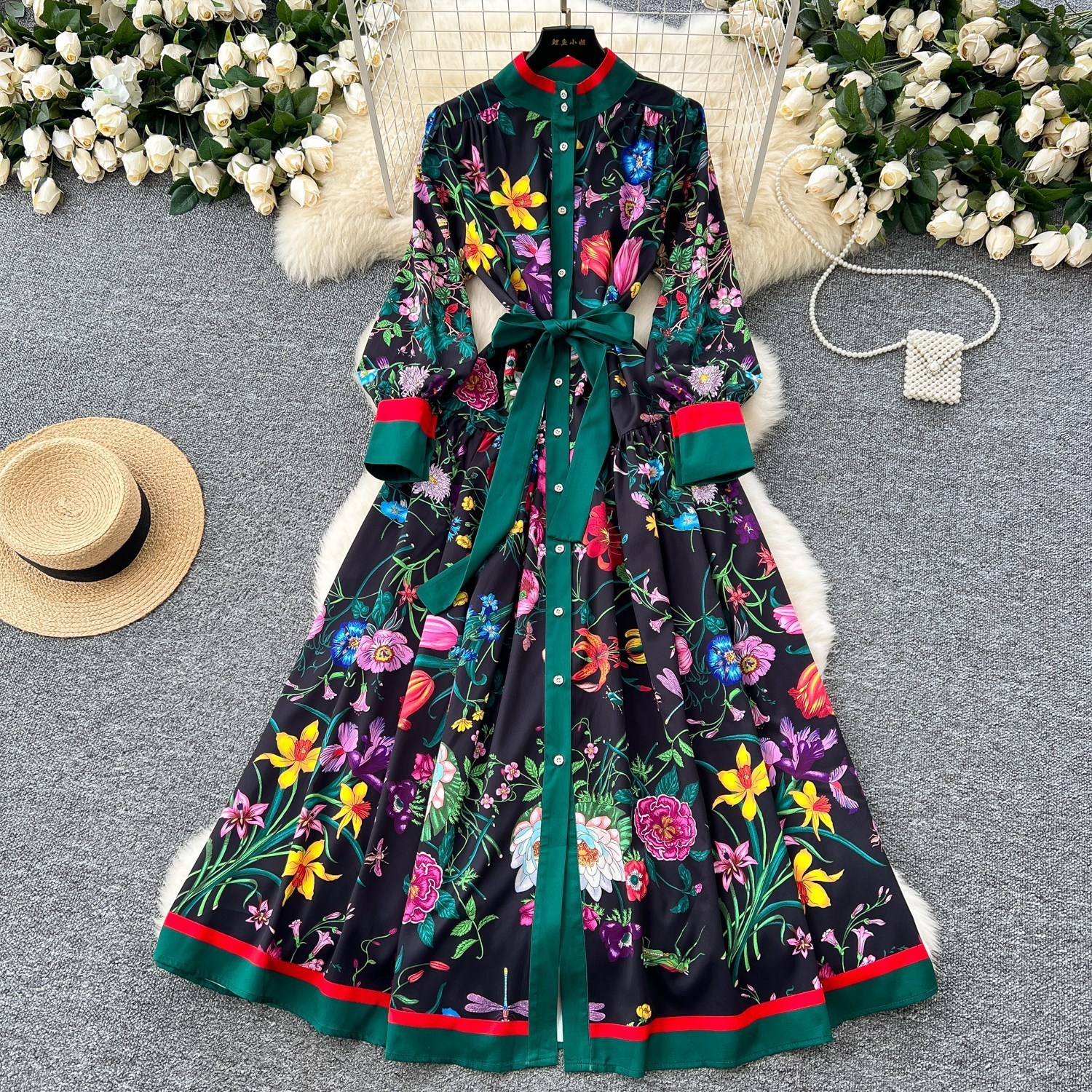 Fashion Elegant Pleated Dress Women's Autumn and Winter Printed Long Sleeve Korean Clothings Vestidos 210527