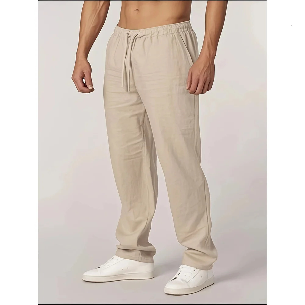 Autumn Mens Cotton Linen Pants Straight Leg Lightweight Breathable Casual Basic Style Elastic Waist Long Pants 260408