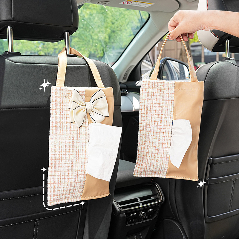 Tissue Box Camellia Style With Bowknot Knitted Texture Leather Seat Back Hanging Luxury Car Interior Accessories