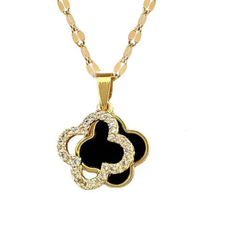 Designer Double-sided Four-leaf Clover Titanium Necklace, Elegant High-end Diamond-set Collar Necklace