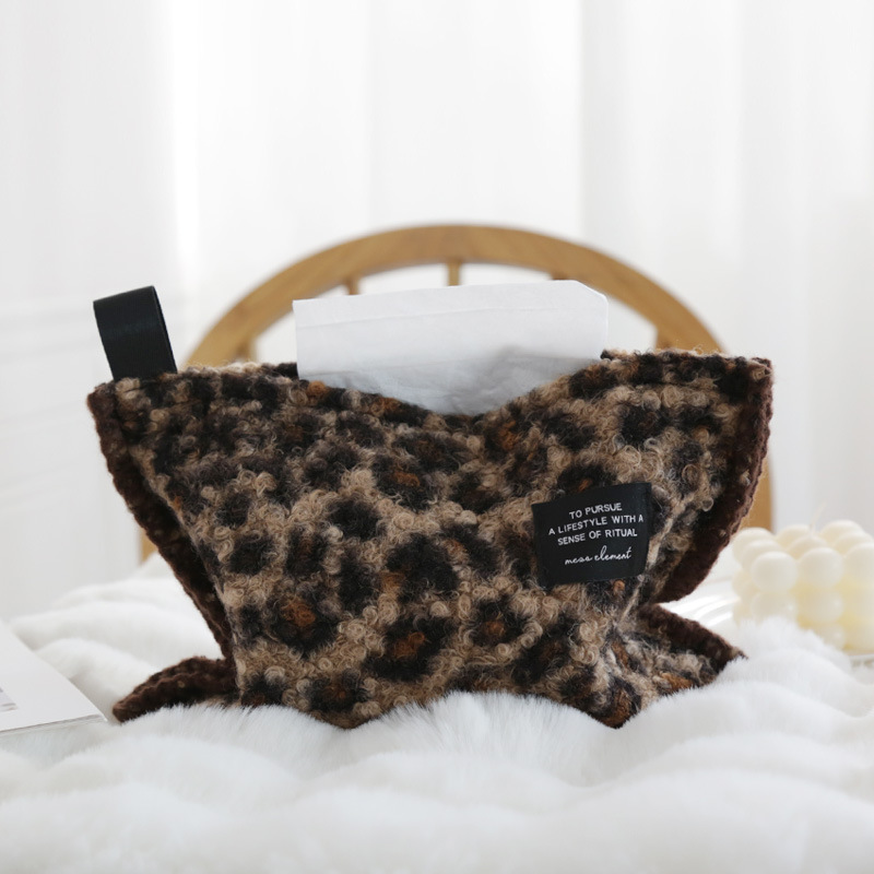 Tissue Box Light Luxury Teddy Curly Brown Leopard Print Living Room Dining Table Desktop Soft Decoration Storage Holder