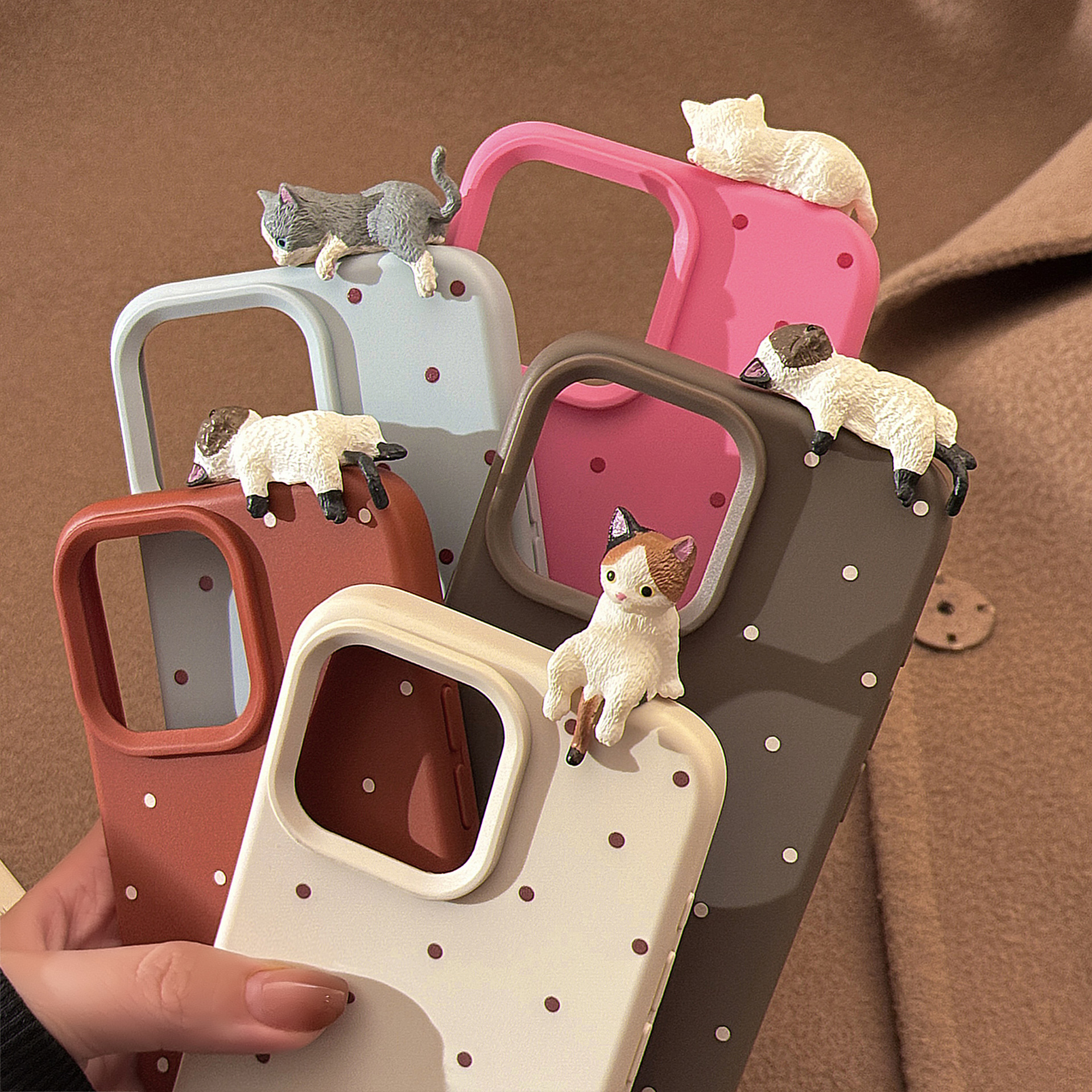 Cute 3D Lying Cat Phone Case for iPhone 17 Pro Max, Minimalist Polka Dot Cover for iPhone 15 13