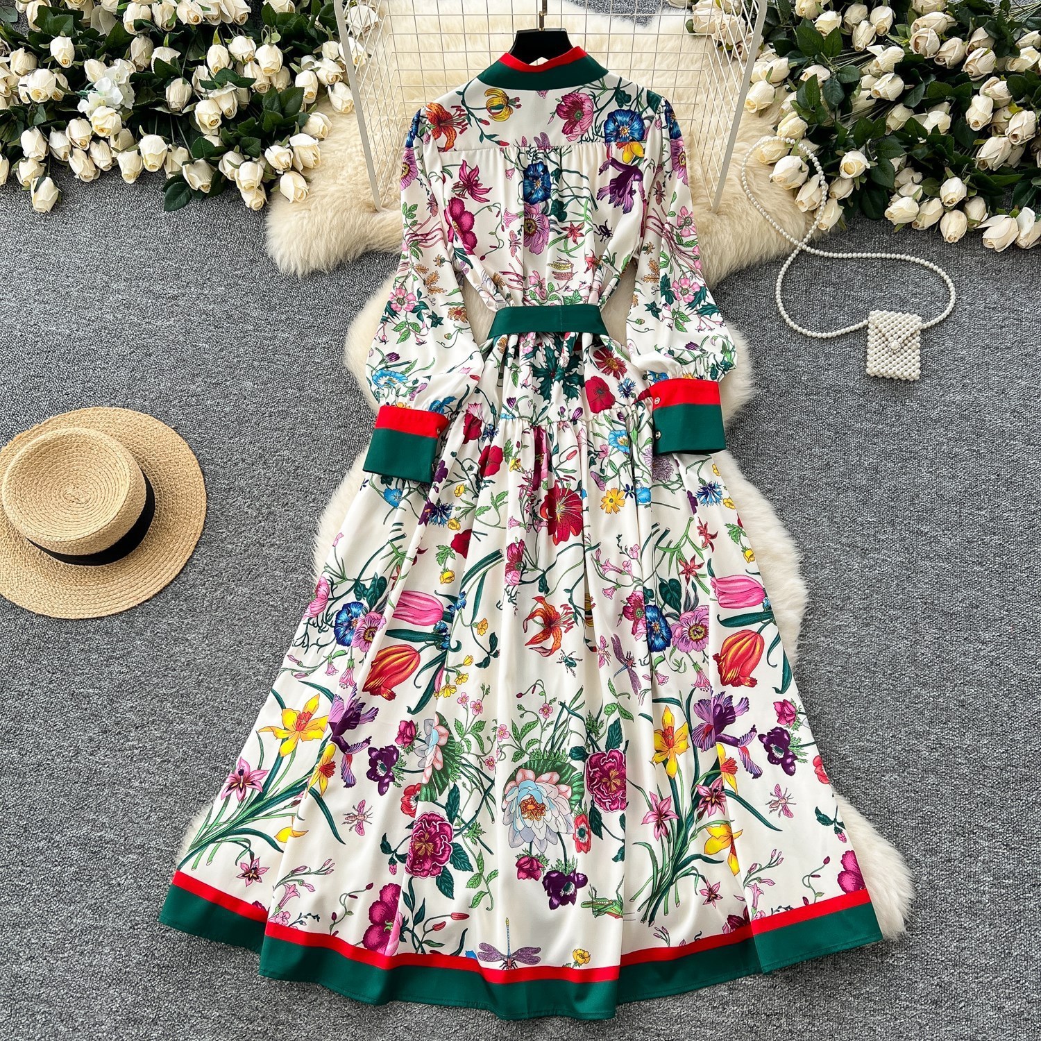 Fashion Elegant Pleated Dress Women's Autumn and Winter Printed Long Sleeve Korean Clothings Vestidos 210527