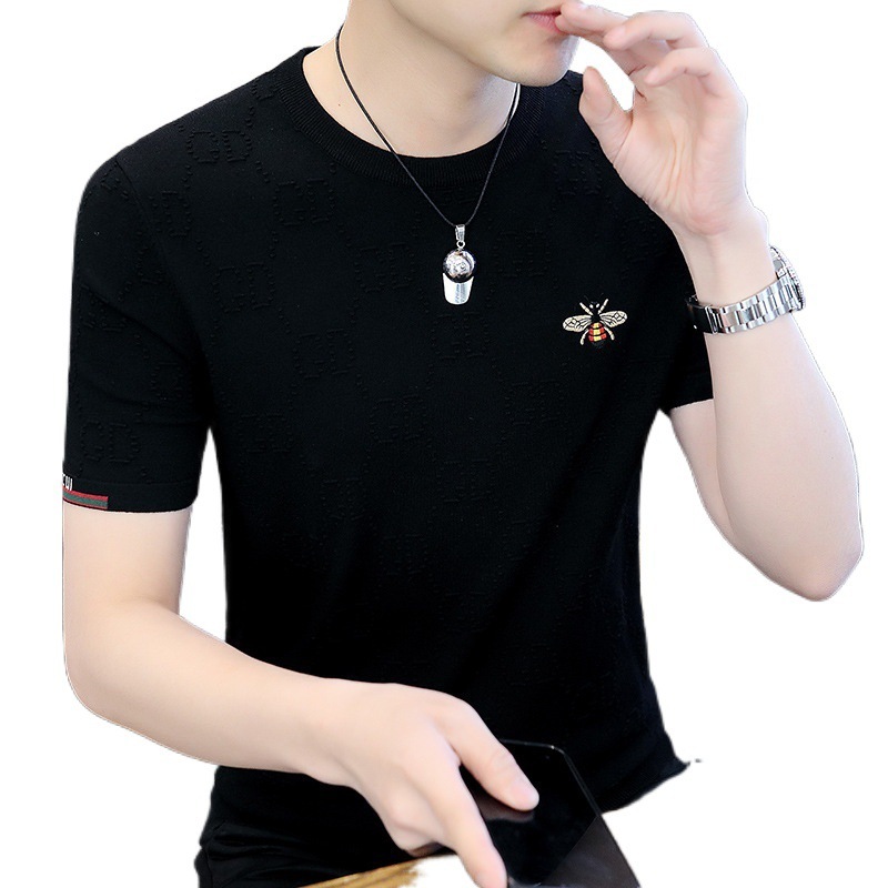 2026 New Designer Luxury Brand Men's Knitted Short Sleeved T-shirt Summer Little Bee Embroidered Ice Silk Round Neck Slim Cool Short Sleeved T-sh