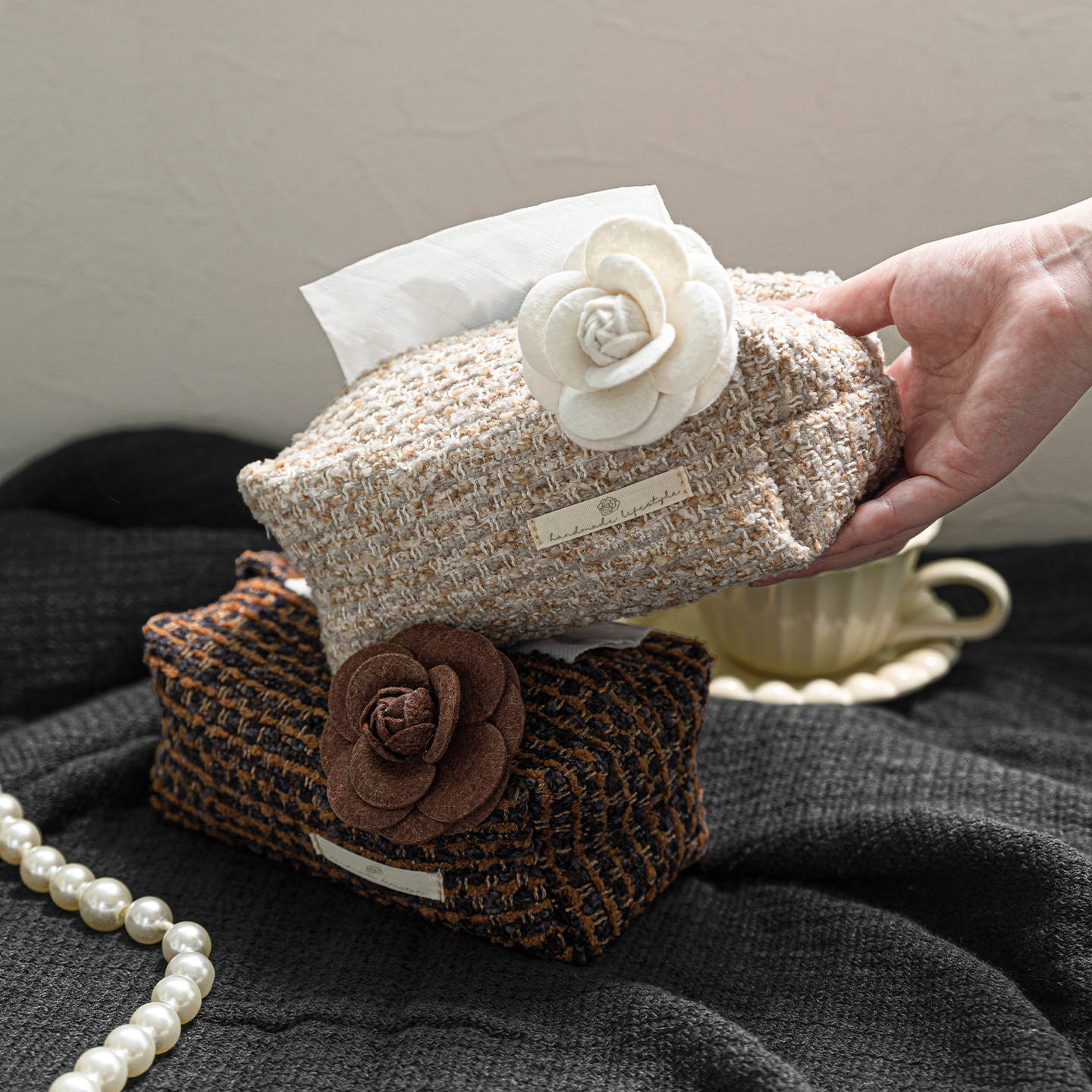 Tissue Box French Style Camellia Living Room Coffee Table Decoration Light Luxury High End Desktop Storage Tissue Bag