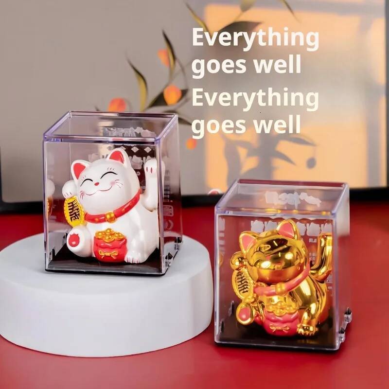 Solar Charging Auspicious Neko Waving Its Arms. Traditional Chinese Feng Shui Maneki Neko, for Cars Offices Etc