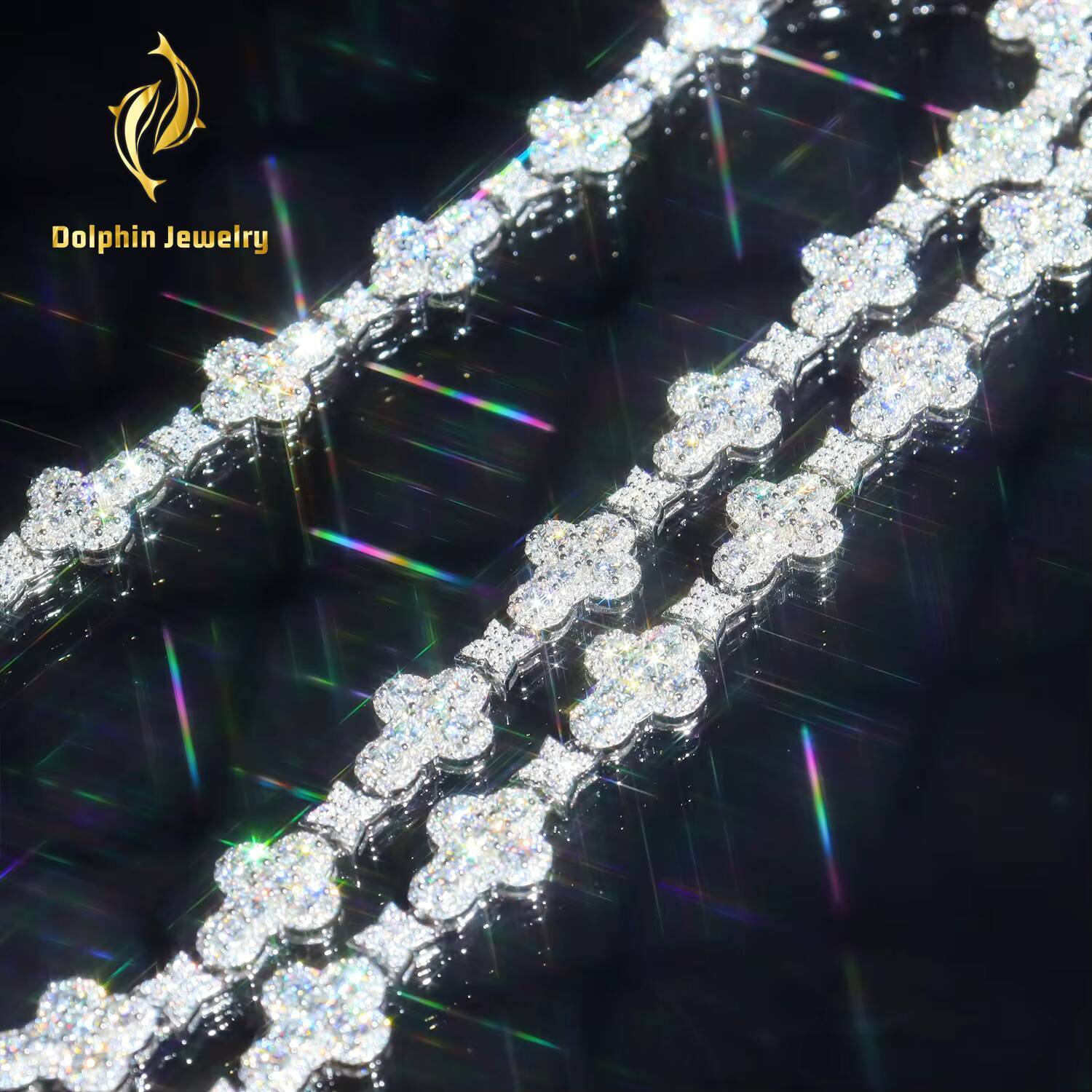 New Design S925 Silver Hip Hop Iced Out Jewelry Moissanite Stones OEM Four Leaf Clover Cross Link Chain Necklace