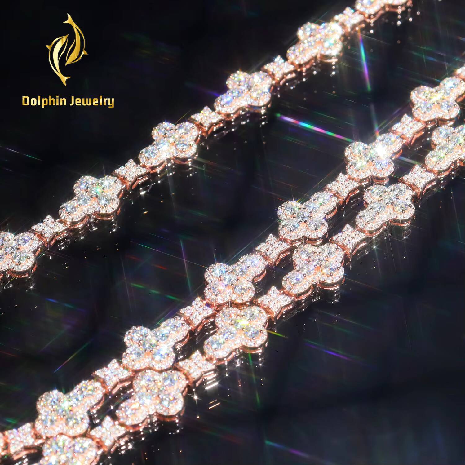 New Design S925 Silver Hip Hop Iced Out Jewelry Moissanite Stones OEM Four Leaf Clover Cross Link Chain Necklace