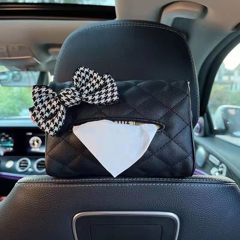 Tissue Box With Bowknot Leather Camellia Rhombus Pattern Car Seat Back Hanging Multifunctional Armrest Storage For Women