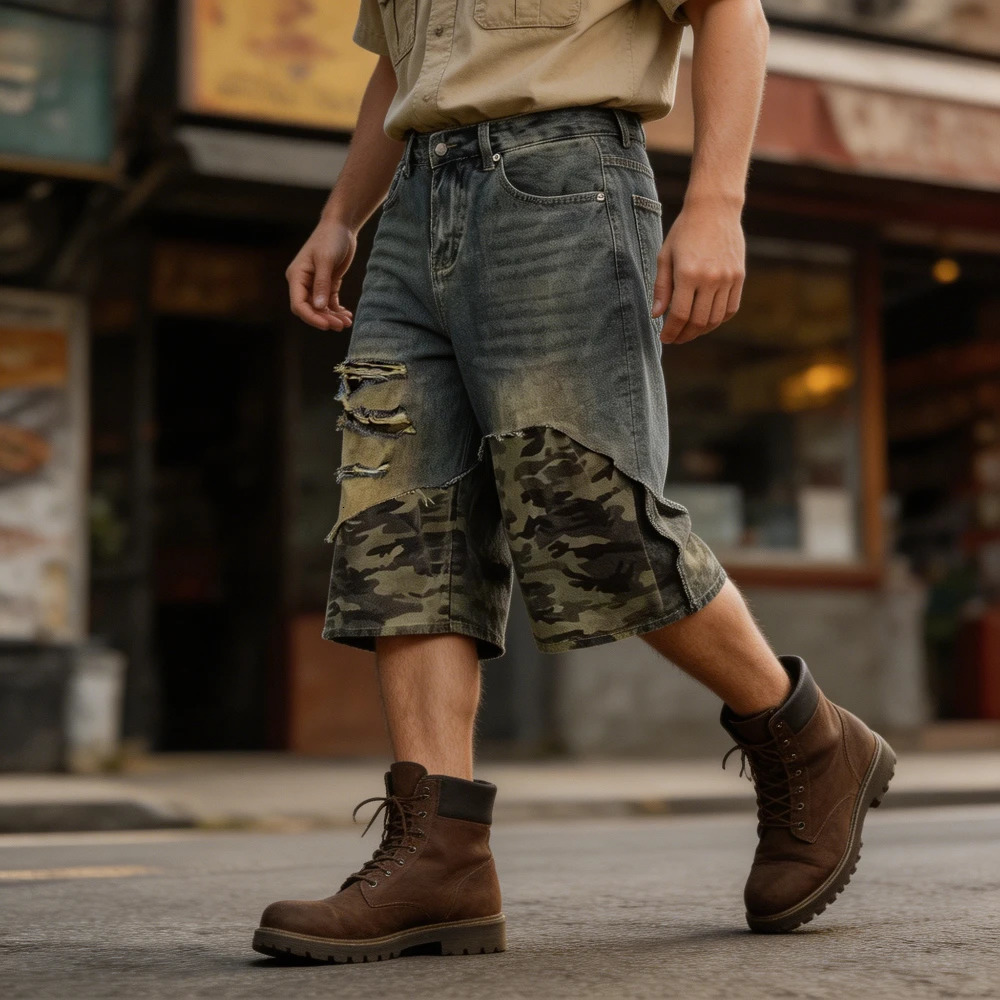 Camouflage Cropped Pants American Vintage Ripped Overalls Denim Camo Shorts Jeans Baggy Summer Clothes for Man Y2k Streetwear 260408