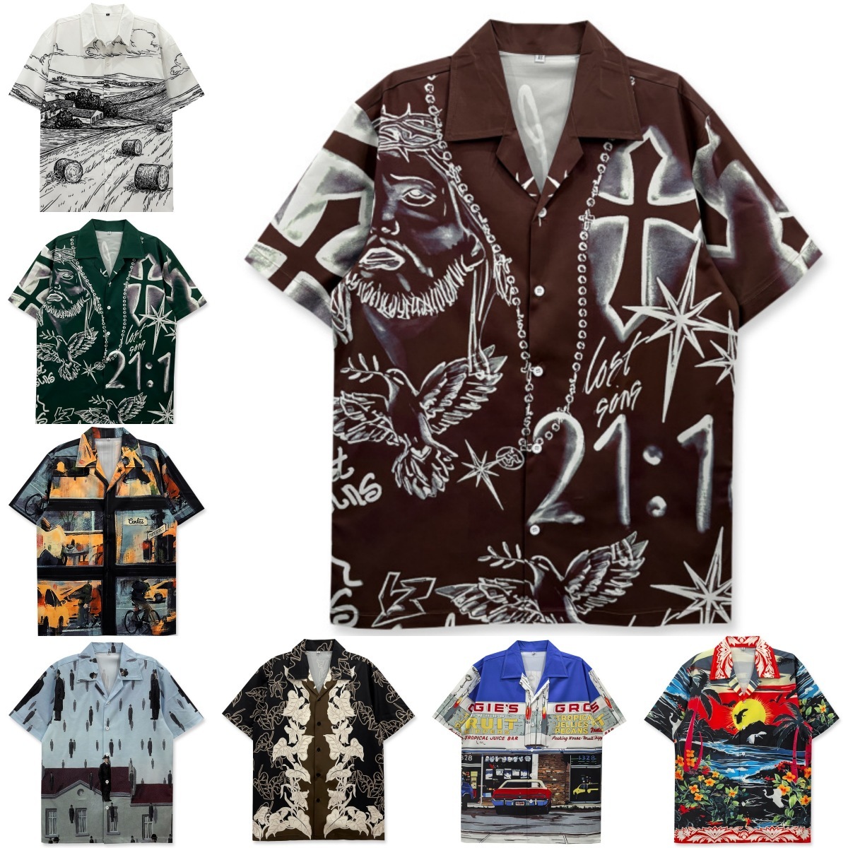 Luxury Brand Designer Clothes Trendy Brand European Size Short Sleeve Retro Printed Shirt For Men, Niche Cool Beach Couple Loose Shirt For Women
