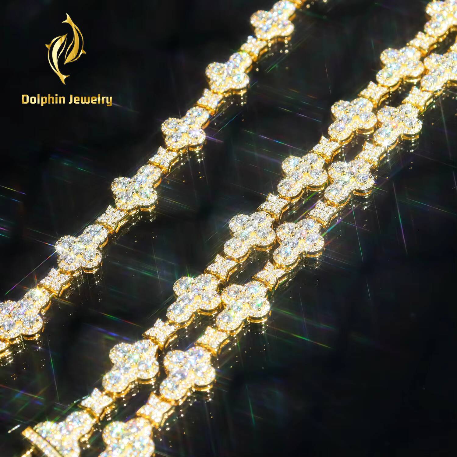 New Design S925 Silver Hip Hop Iced Out Jewelry Moissanite Stones OEM Four Leaf Clover Cross Link Chain Necklace