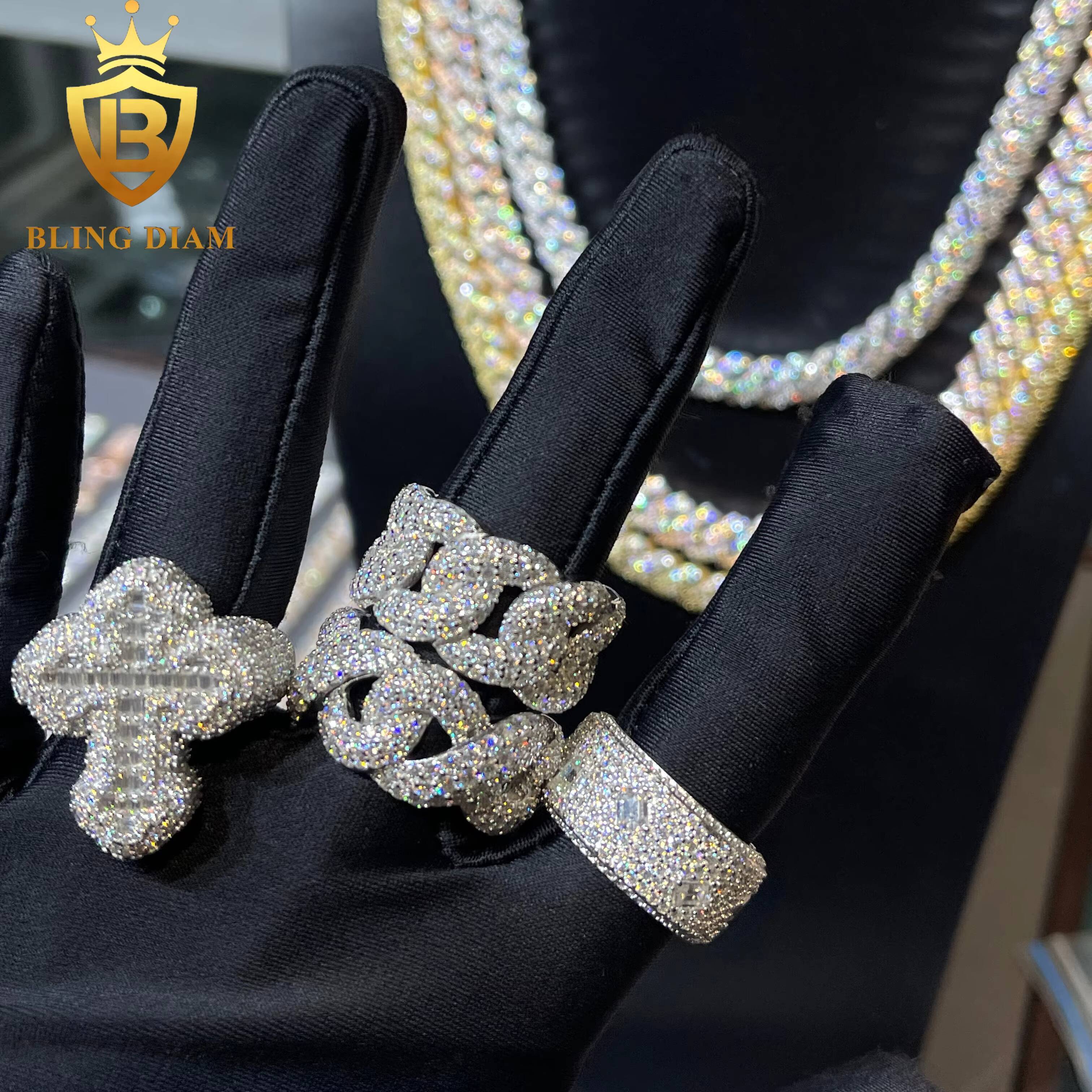 Wholesale Hip Hop Rapper Rock Jewelry 925 Sterling Silver Ice Out Vvs Moissanite Cross Rings Collection for Mens