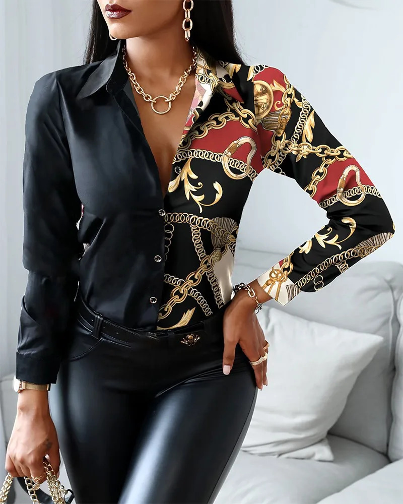 V Neck Spliced Vintage Long Sleeve Button Up Women Shirts Fashionable Chain Printed er Plus Size WomenS Blouses Shirts260407