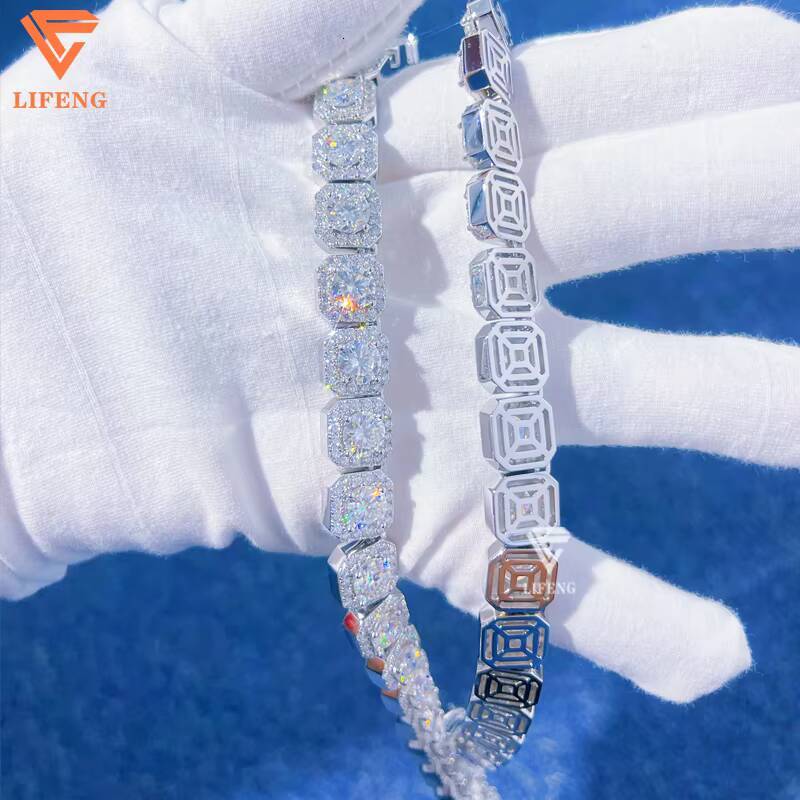 Hip Hop Jewelry 10mm Tennis Chain Iced Out Pass Diamond Tester 925 Sterling Silver Square Cluster Moissanite Tennis Chain