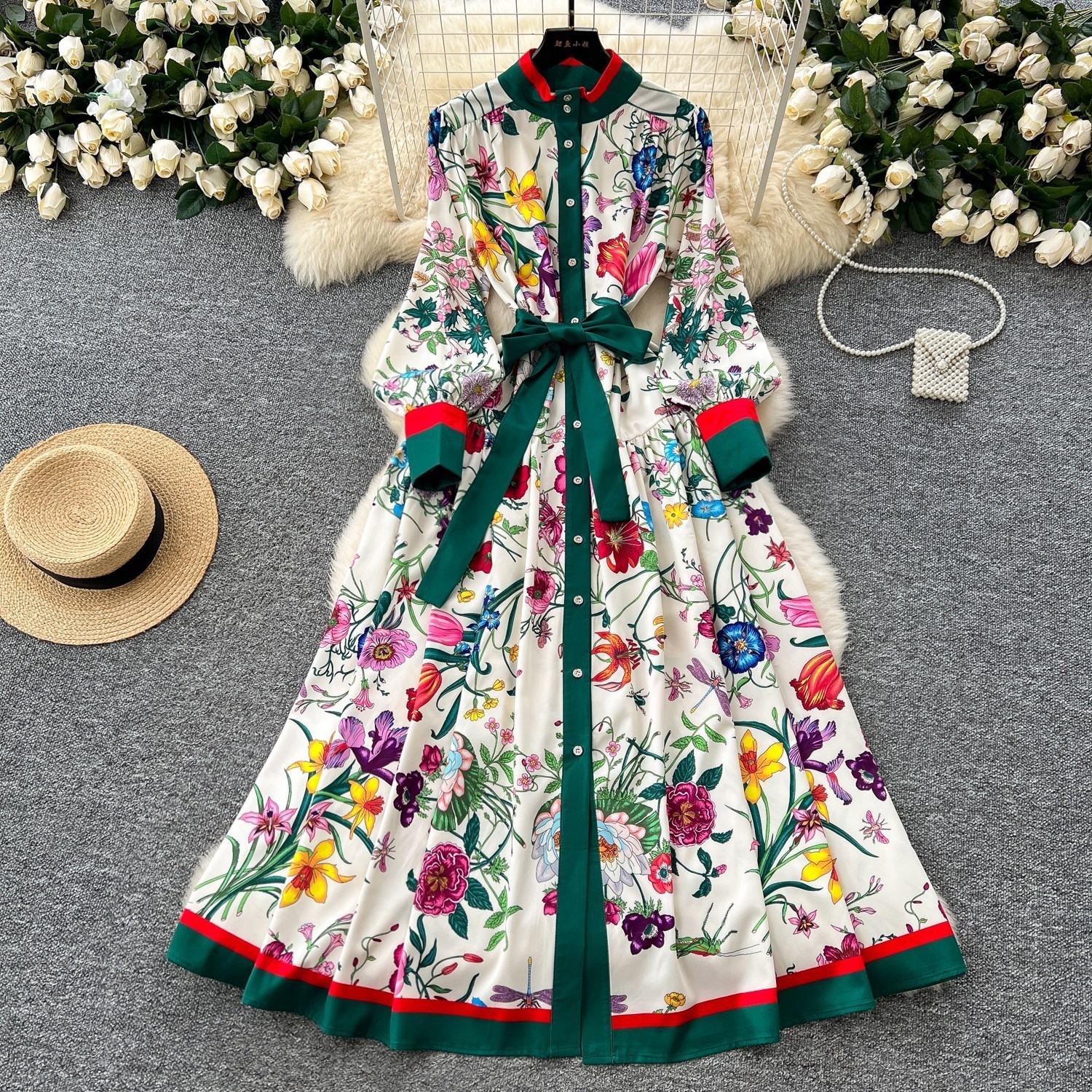 Fashion Elegant Pleated Dress Women's Autumn and Winter Printed Long Sleeve Korean Clothings Vestidos 210527