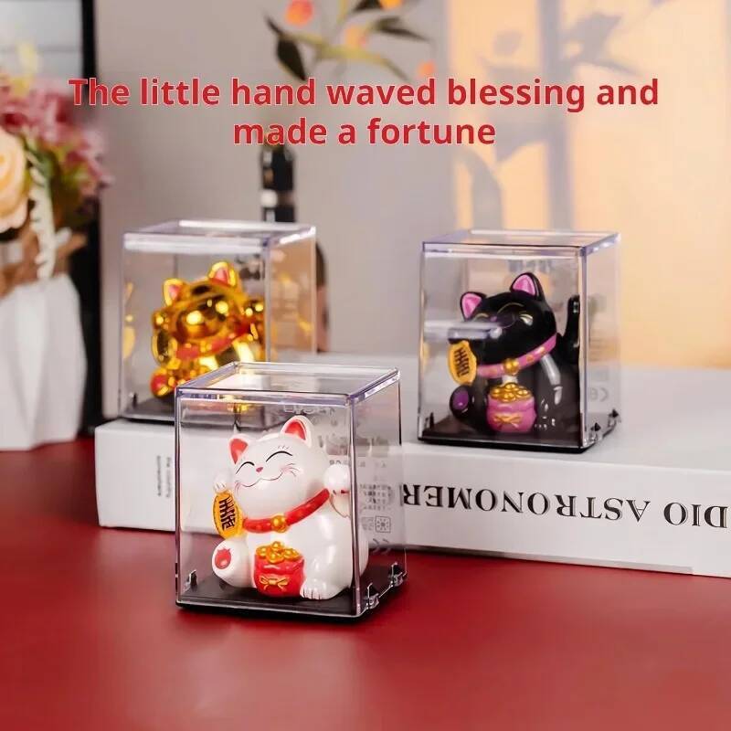 Solar Charging Auspicious Neko Waving Its Arms. Traditional Chinese Feng Shui Maneki Neko, for Cars Offices Etc