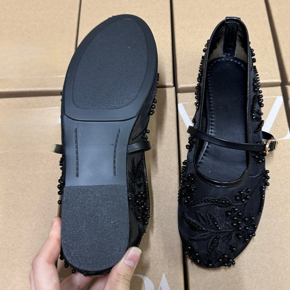 Women's Embroidery String Bead Mesh Ballet White Pearl Mary Jane Shoes Light Summer Flats Elegant Cozy Flat Sandals Daily Outfit