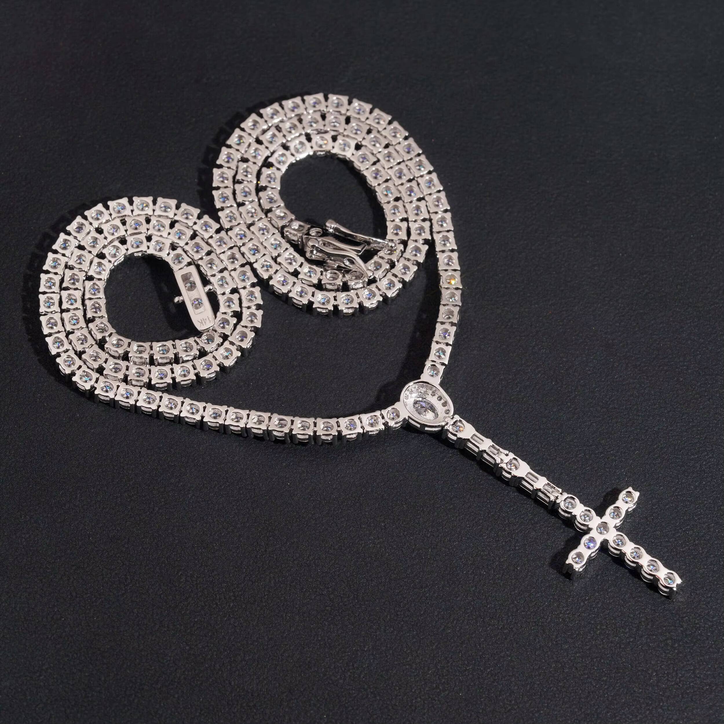 Hip Hop Silver 925 Tester Diamond Chain Luxury Tennis Chain 3MM Rosary Cross Tennis Chain VVS Moissanite Necklaces