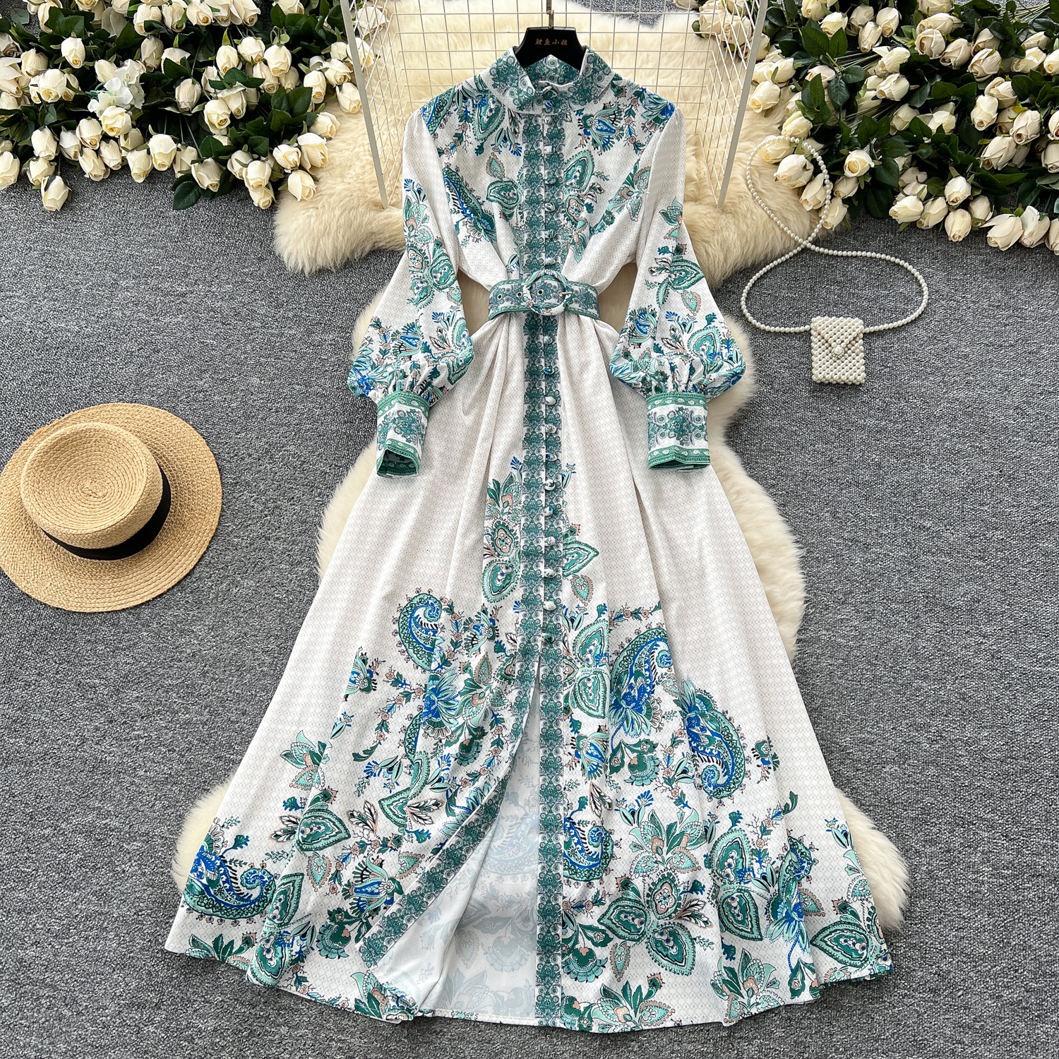 Fashion Elegant Pleated Dress Women's Autumn and Winter Printed Long Sleeve Korean Clothings Vestidos 210527