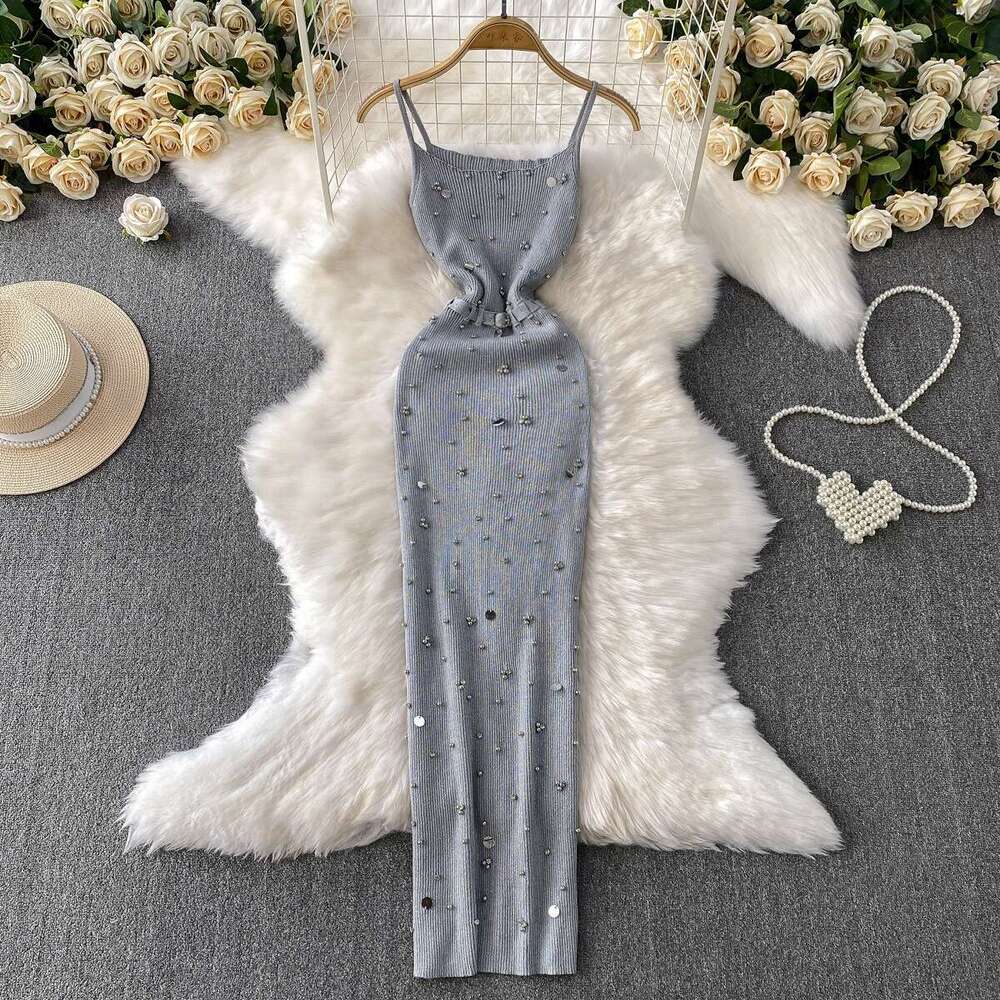 Designer French beaded sequin knit vest FC skirt European and American summer new fashion elegant A13 slim fit slit waist FC long skirt