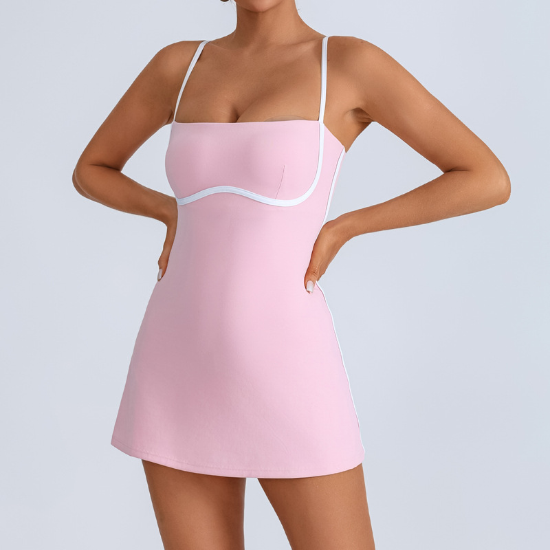 Active Dresses Women's Tennis Dress Summer Sleeveless Pink Contrast Workout Yoga Dresses Build in Shorts Fashion Tight Fitting Skirts Suit