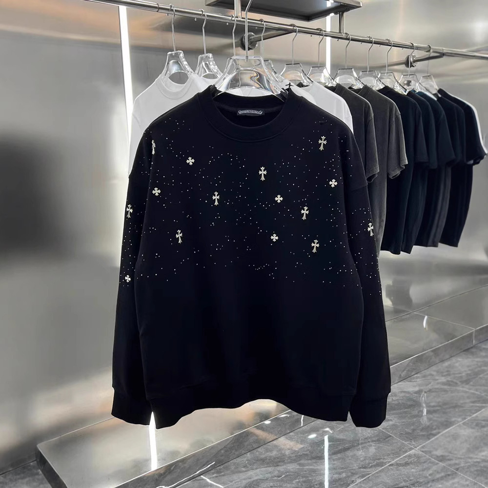 Luxury Brand Designer Clothes Trendy Brand Autumn Men's New Starry Sky Diamond-Studded Metal Cross Decorated Crew Neck Sweatshirt Youth Wrinkle-R