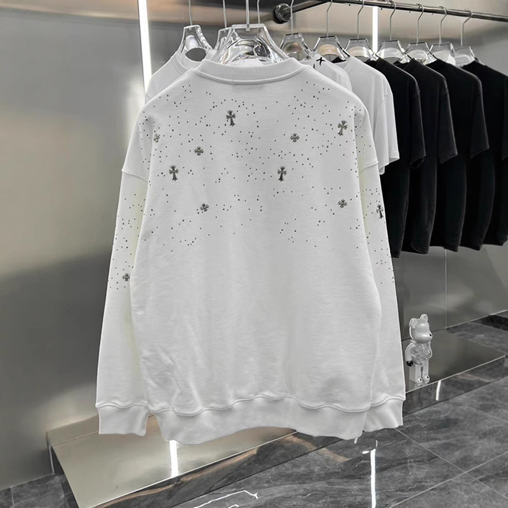 Luxury Brand Designer Clothes Trendy Brand Autumn Men's New Starry Sky Diamond-Studded Metal Cross Decorated Crew Neck Sweatshirt Youth Wrinkle-R