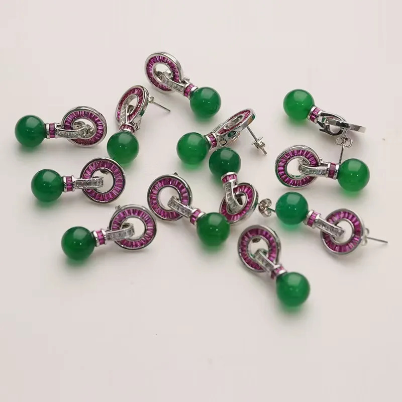 1set green Agate round 10mm necklace bracelet earrings 45cm18cm red zircon clasp womens jewelry 260408