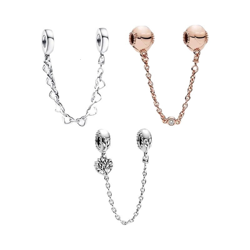 Designer 2026 New Sterling Silver Linked Hearts Safety Chain, Rose Gold Round Charm DIY Jewelry - view 3
