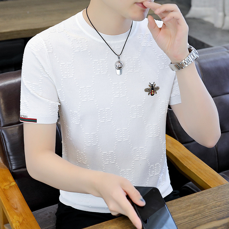 2026 New Designer Luxury Brand Men's Knitted Short Sleeved T-shirt Summer Little Bee Embroidered Ice Silk Round Neck Slim Cool Short Sleeved T-sh