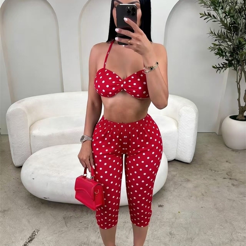 Y2K American Women Spotted Print Set Sexy Cropped Cami Top High Waist Butt Lift Capri 7 Length Pants Summer Matching Outfit