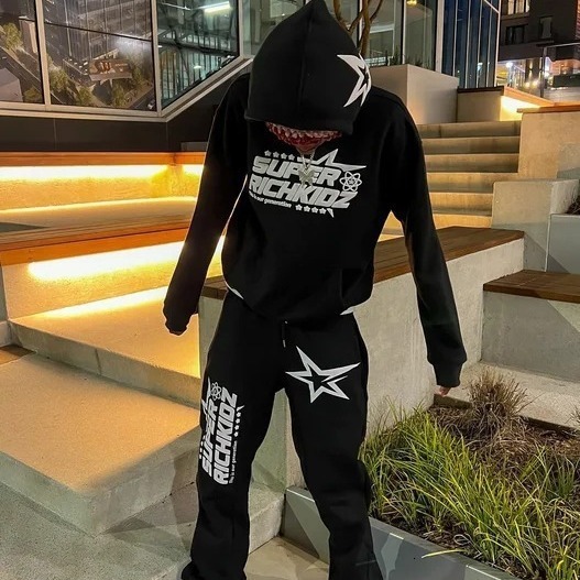 2000S Fashion American Retro Color Cotton Casual Oversized Sweatshirt Men Two Piece Harajuku Joker Slacks Jogging Pant Tracksuit 250324