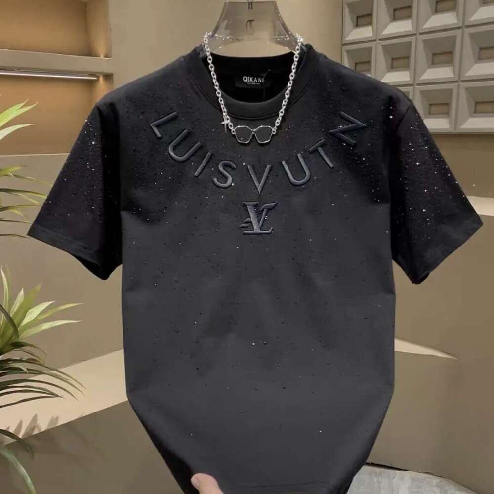 Summer Heavy-Duty Letter Embroidery Rhinestone Personalized Short-Sleeve T-Shirt For Men Loose European Style Half-Sleeve Tee