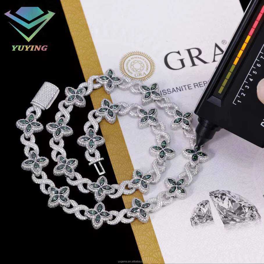 Fashion Clover Hip Hop Jewelry Gold Plated 925 Sterling Silver VVS Moissanite Diamond Four Leaf Clover Necklace Cuban Link Chain