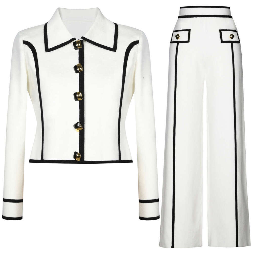 In Stock 2026 Spring Autumn New Fashion Women Casual Knitted Cardigan Coat Heavy Knit Top All Match Loose Straight Pants Two Piece Set MAKOUFEI