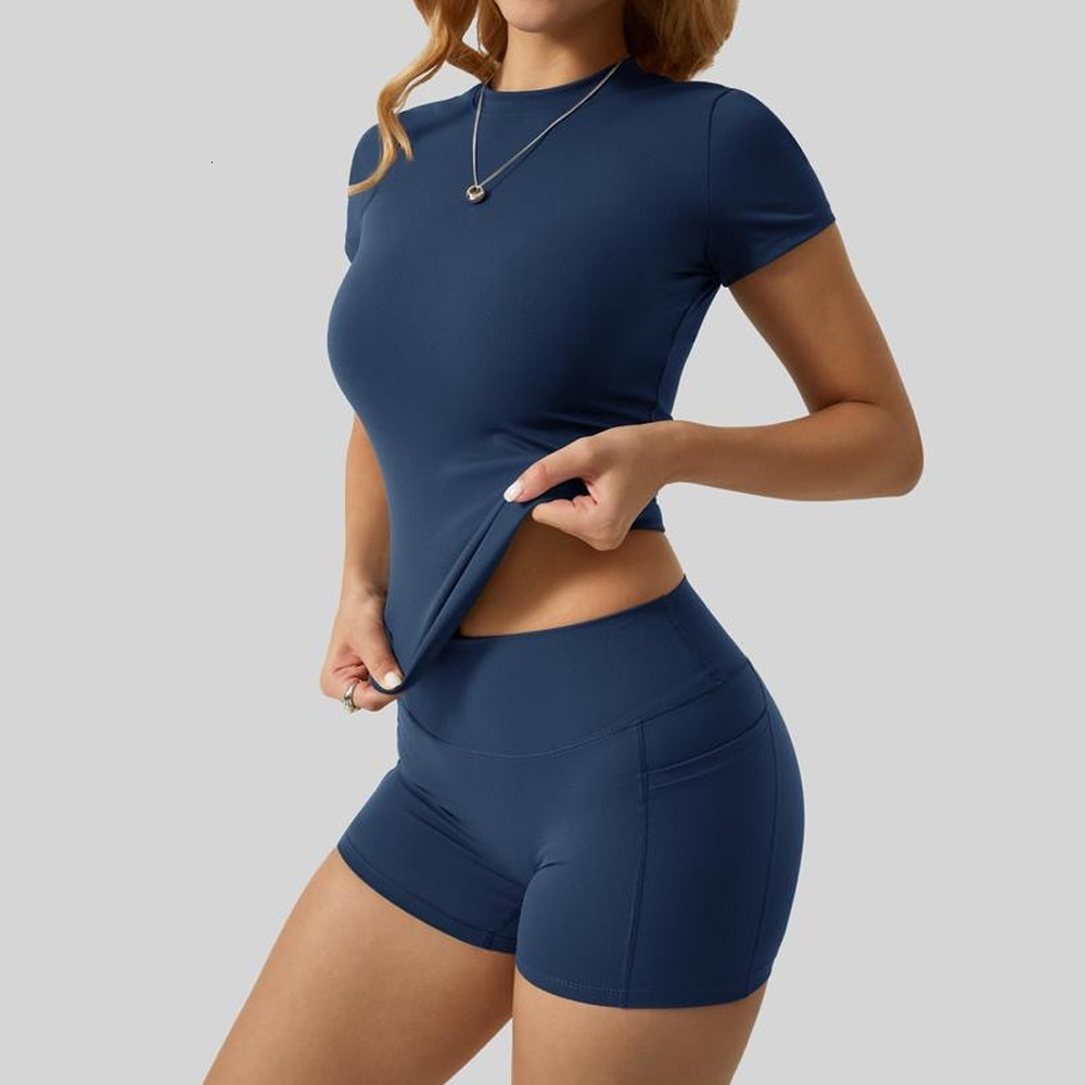 Brushed Yoga Clothing Set High Waist Tight Yoga Fitness Wear Running Sports Short Sleeve Shorts Set for Women 8010